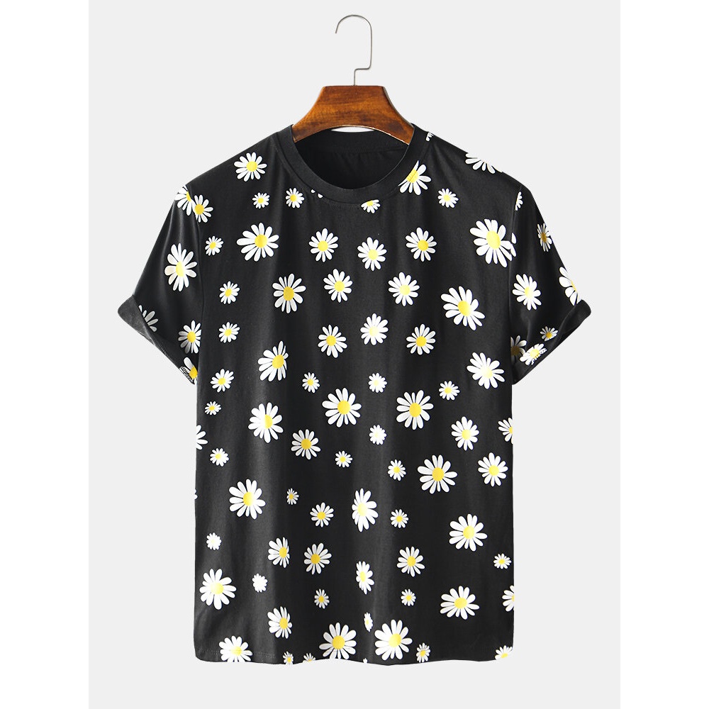 Mens Paisy Printing Design Crew Neck Breathable Casual T-Shirts - Black 3XL