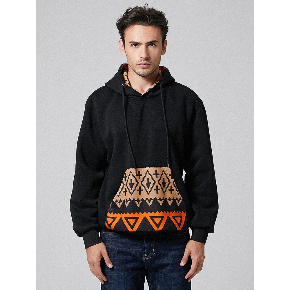 Mens Printing Drawstring Hooded Overhead Casual Sweatshirt - 3XL Black