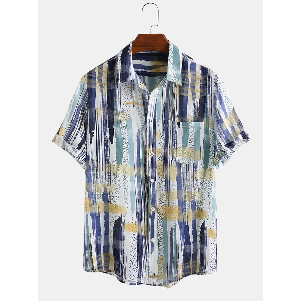 Mens 100% Cotton Splash Ink Stripe Patch Pocket Breathable Short Sleeve Casual Shirts - Blue M