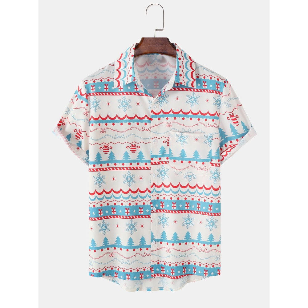 Men  Tree Snow Printed Cartoon Casual Short Shirts - Blue M