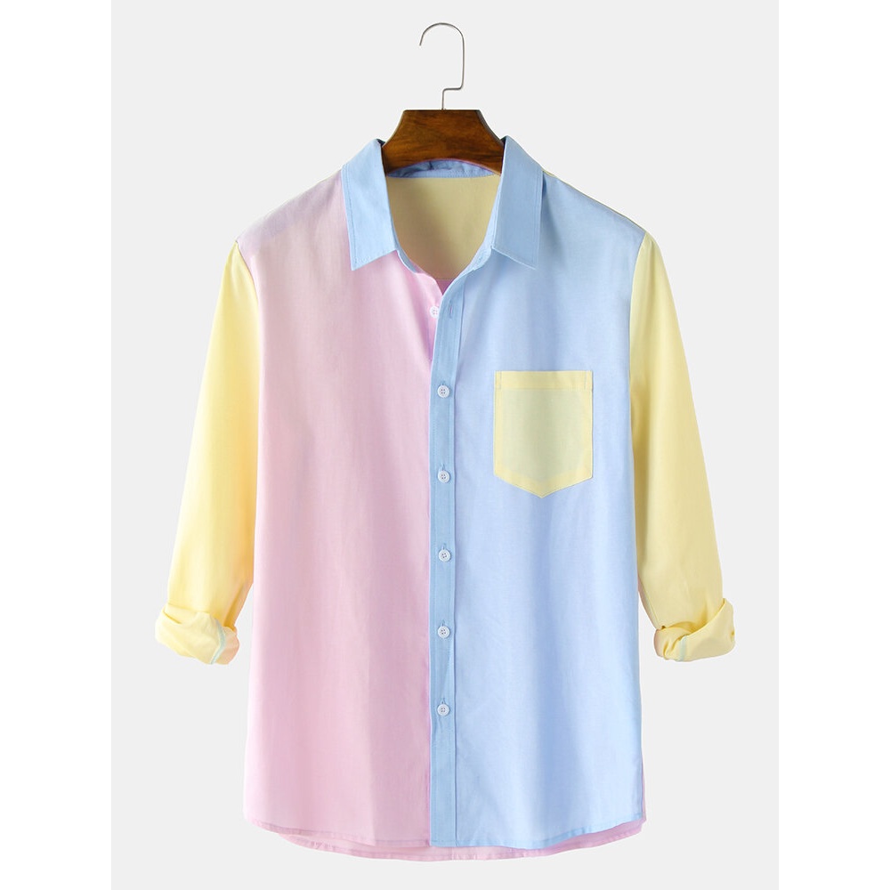 Mens Color Block Patchwork Oxford Casual Long Sleeve Shirts With Pocket - Pink S