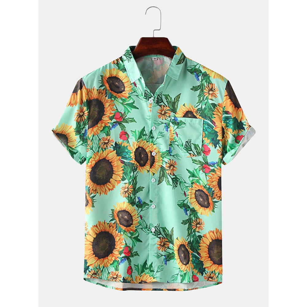 Men Women Sunflower Floral Print Chest Pockets Turn Down Collar Hawaii Casual Short Sleeve Shirts - Green L