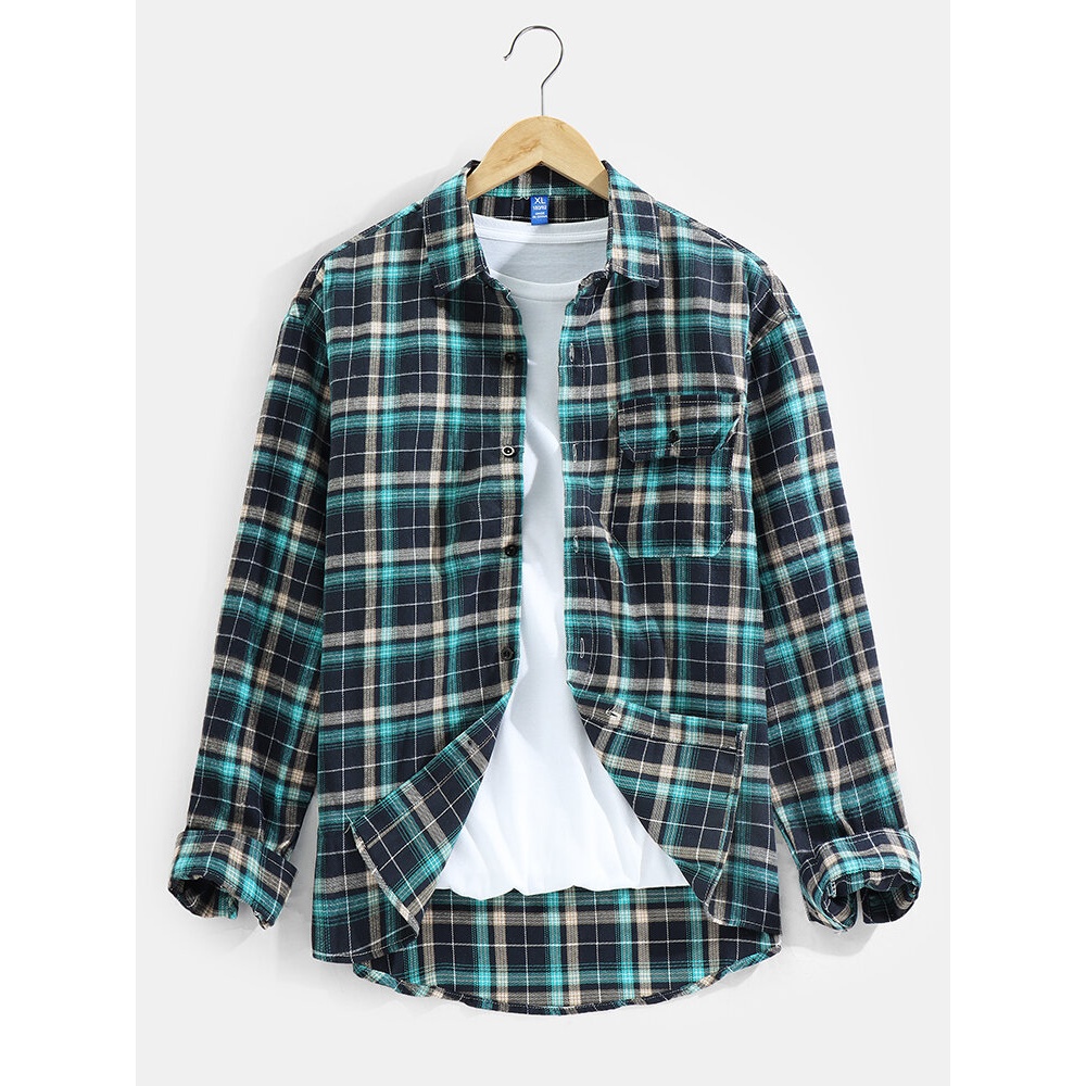 Mens Plaid Print Chest Pocket Cotton Lapel Long Sleeve Casual Shirt - Red L