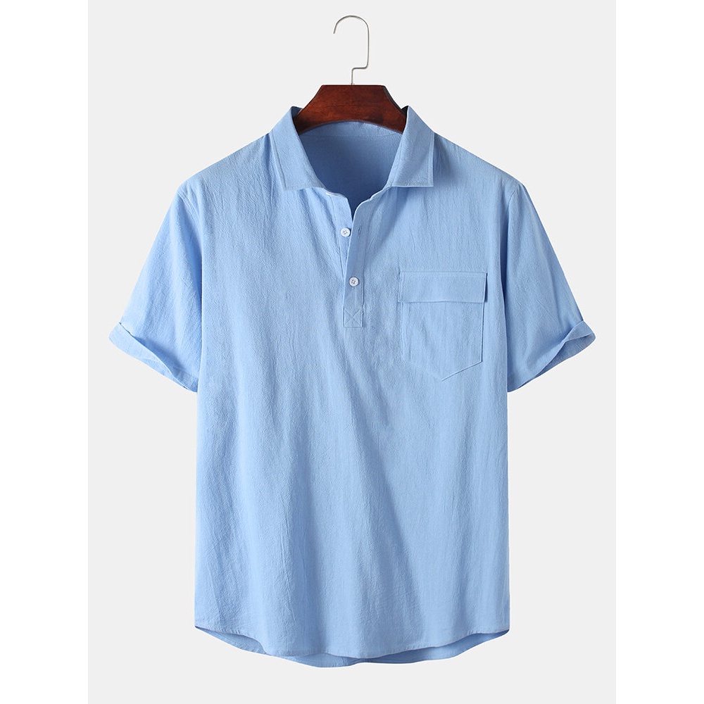 Mens 100% Cotton Solid Color Pocket Design Short Sleeve Casual Henley Shirts - Blue M