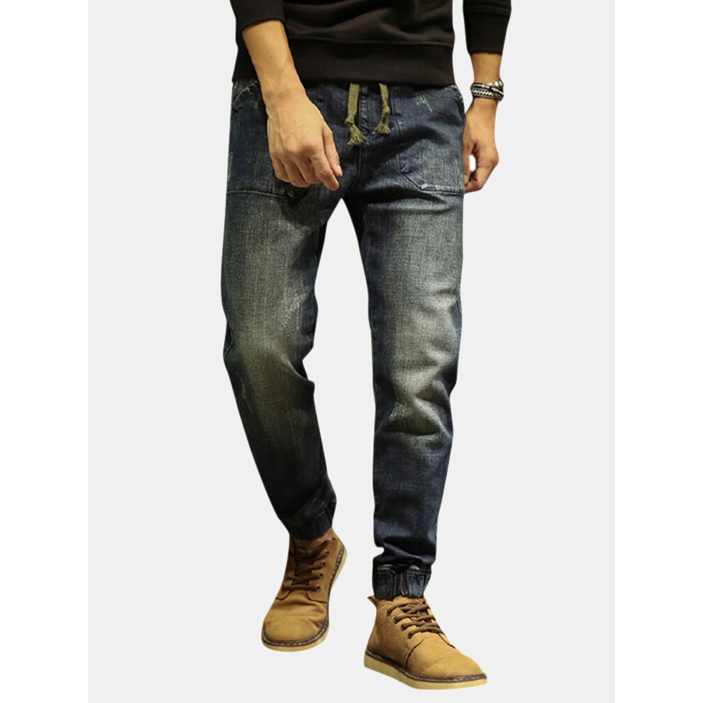 Casual Drawstring Ripped Washed Harem Jeans For Men - 34 Dark Blue