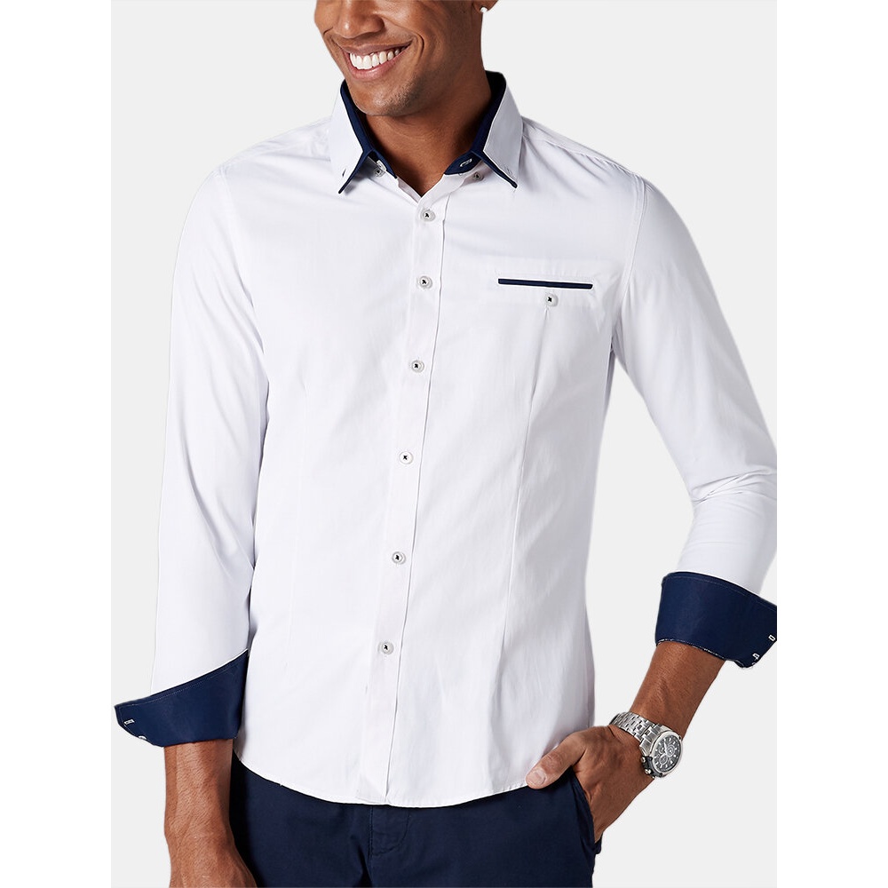 Men's New Cotton Solid Color Youth Long Sleeved Shirts - M White