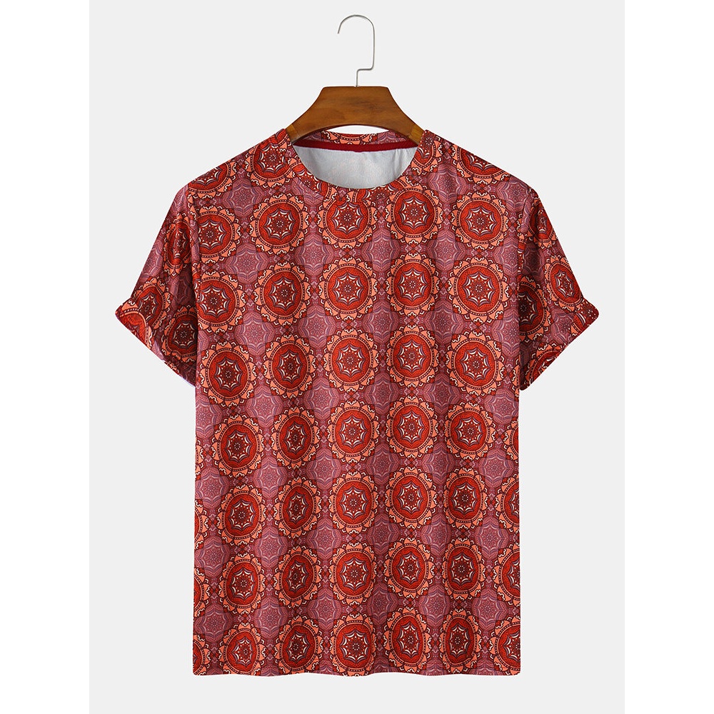 Mens Ethnic Totem Print Round Neck Casual Short Sleeve T-Shirts - Red M