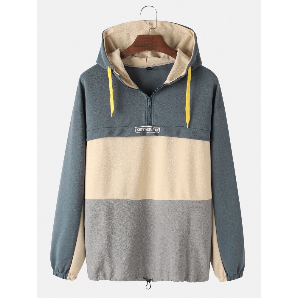 Mens Cotton Colorblock Patchwork Front Zipper Loose Fit Casual Drawstring Hoodies - Light Grey L