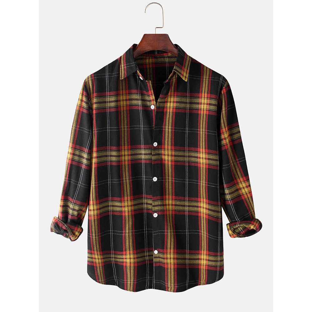 Mens Classic Tweed Plaid Print Lapel Collar Long Sleeve Casual Shirts - Black S