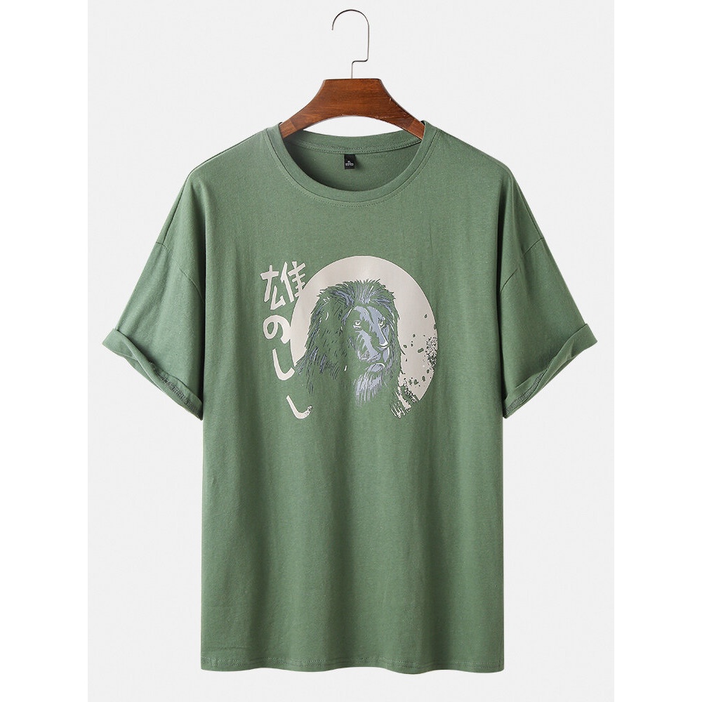 Cotton Animal Print Round Neck Breathable Short Sleeve T-Shirts - Dark Grey 2XL