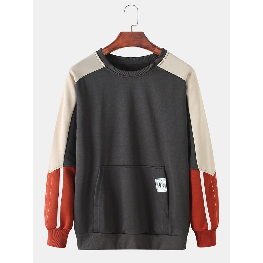 Mens Cotton Color Block Stitching Applique Casual Pouch Pocket Crew Neck Sweatshirts - Black XL