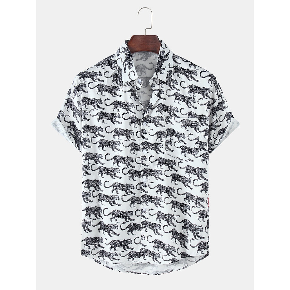 Mens Funny Leopard Allover Printed Pocket Fold Down Collar Short Sleeve Casual Shirts - Black M