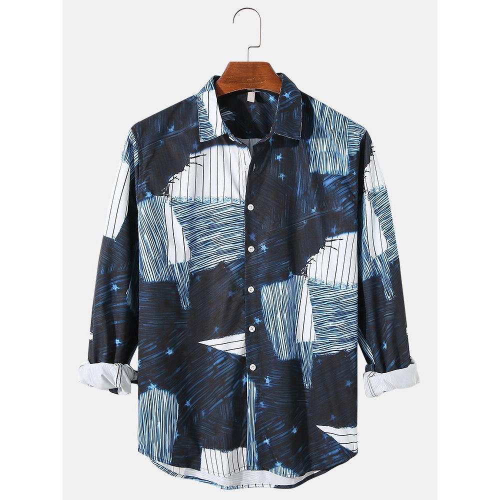 Mens Printed Button Curve Bottom Lapel Casual Long Sleeve Shirts - Dark Blue L