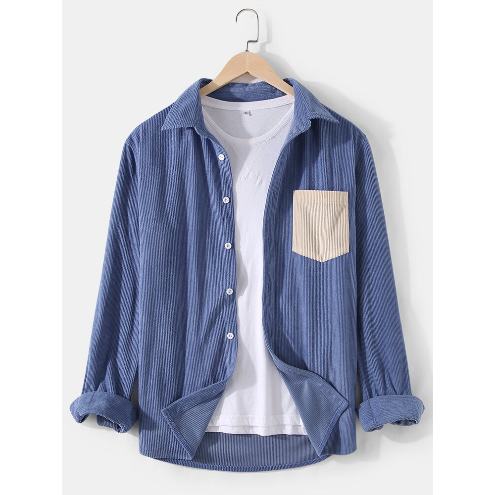 Corduroy Mens Solid Color Lapel Long Sleeve Simple Shirts With Patchwork Pocket - Grey S