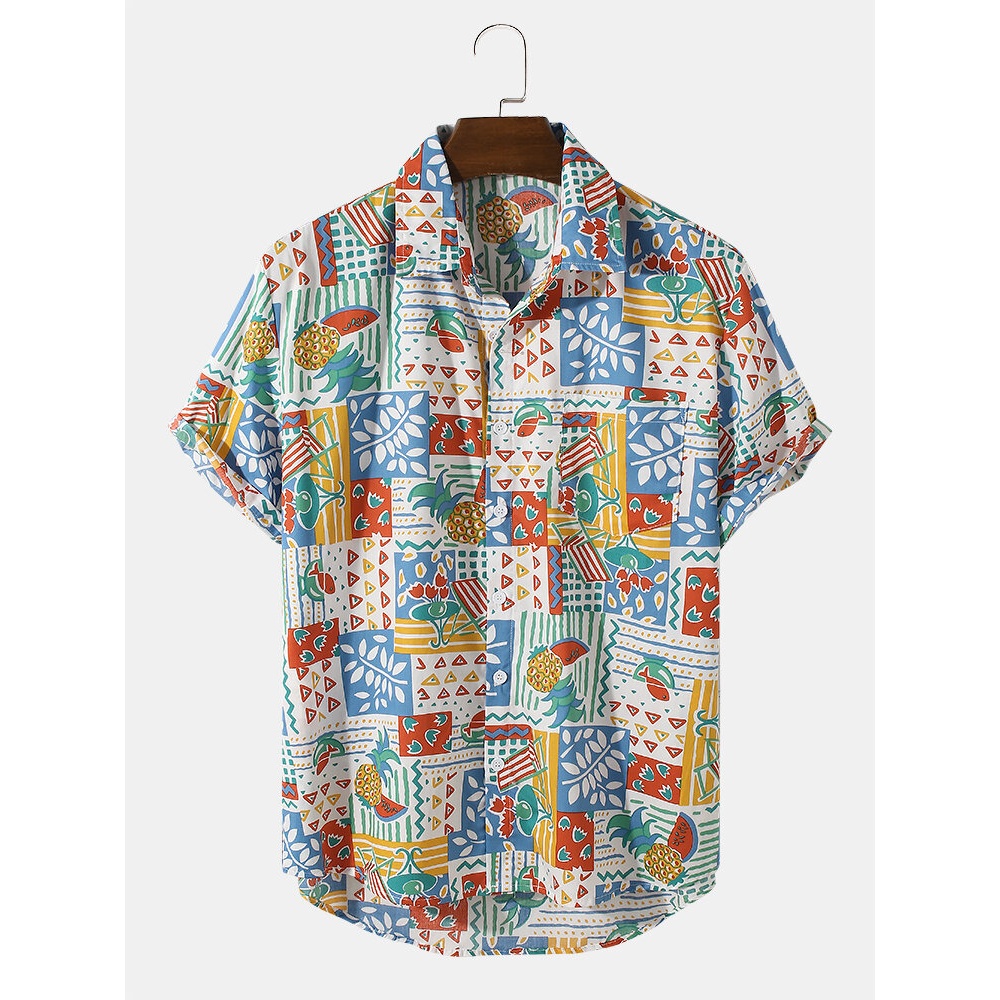 Mens Cartoon Frint Plaid Print Lapel Short Sleeve Shirt - Blue S