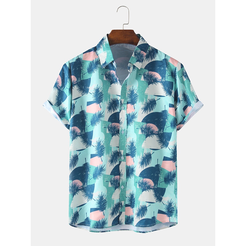 Mens Tropical Plant Print Casual Holiday Hawaiian Short Sleeve Shirts - Beige XL