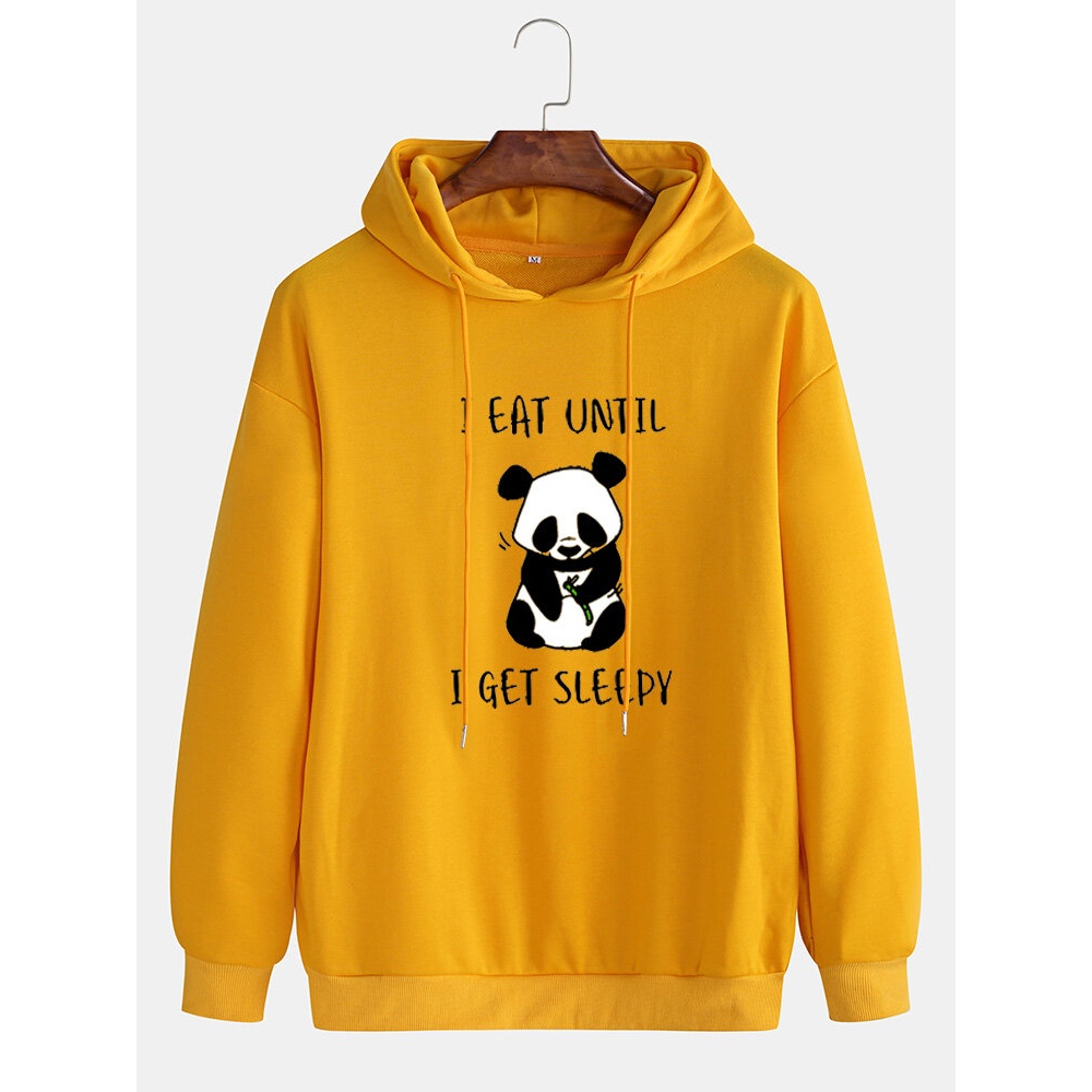 Mens Cute Cartoon Panda & Slogan Print Drop Shoulder Drawstring Hoodies - White XL