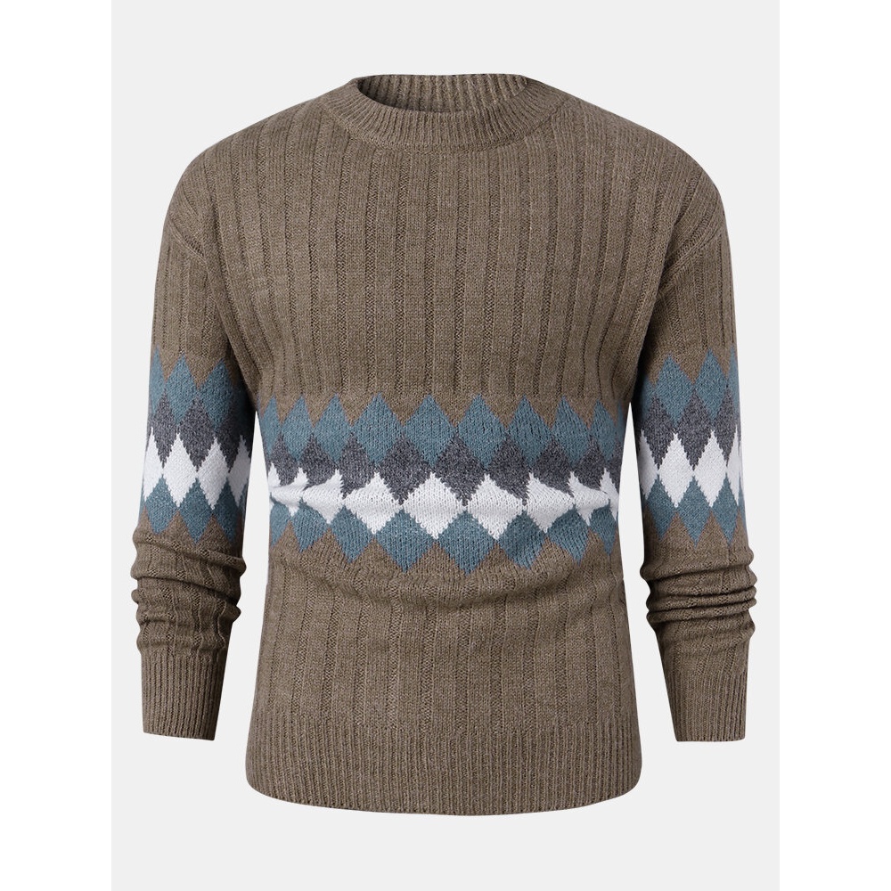 Mens Vintage Argyle Pattern Rib-Knit Cotton Long Sleeve Pullover Sweaters - 2XL Grey