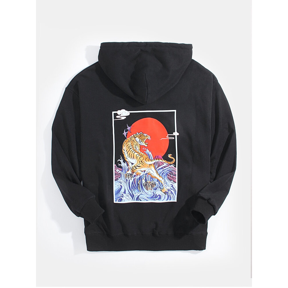 Mens Ukiyoe Tiger Back Graphics Pocket Drawstring Hoodies - Khaki L