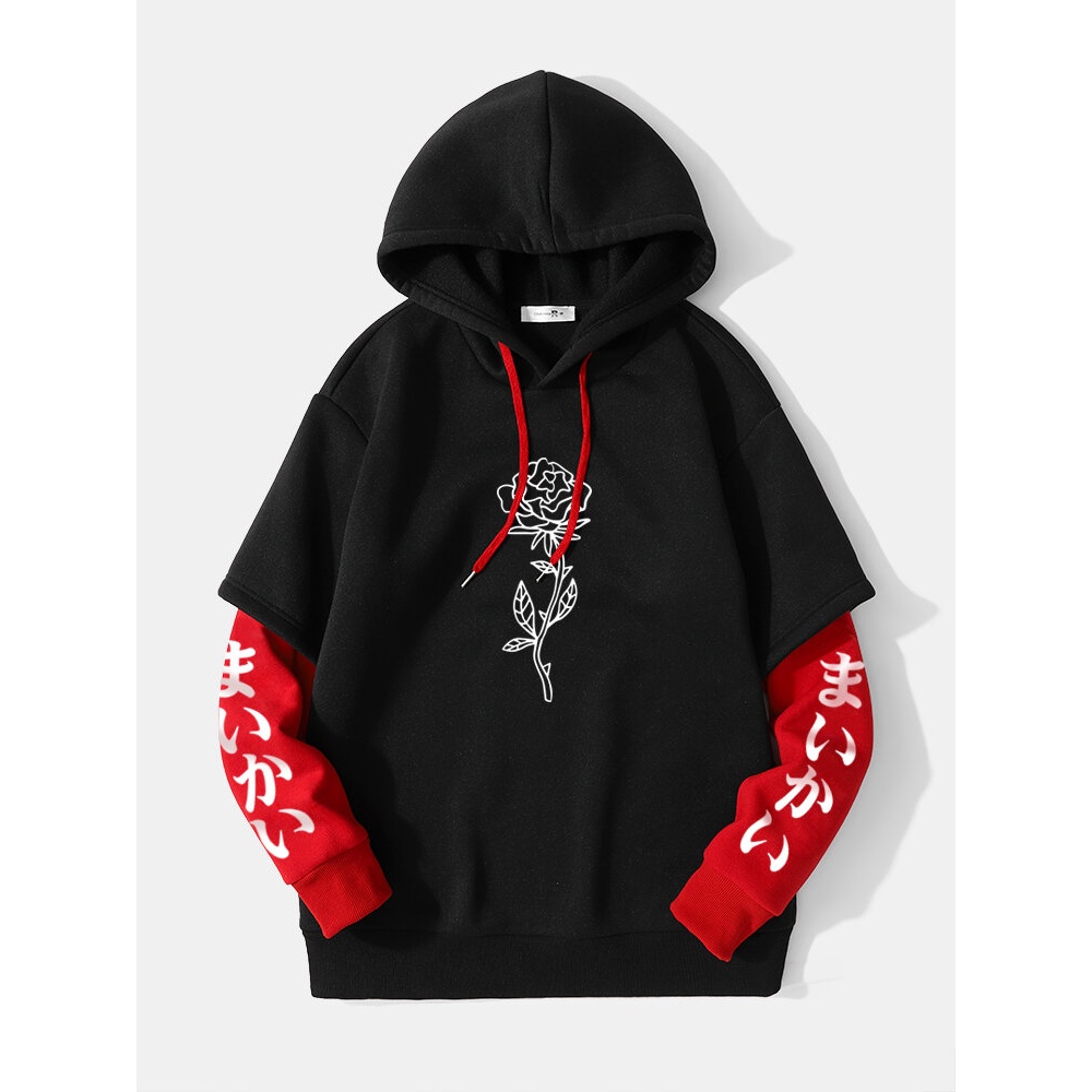 Mens Splicing False Two Rose Printing Japanese Letter Hoodies - Black S