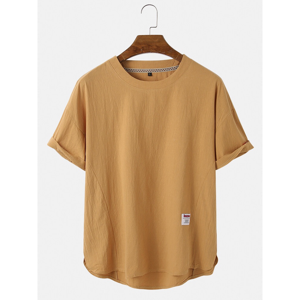 Mens Solid Color Cotton Loose & Thin Casual Round Neck T-Shirts - Black L