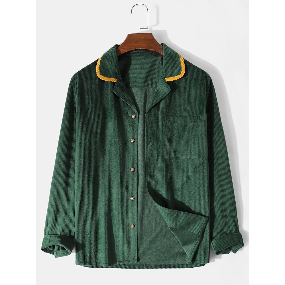 Mens Corduroy Contrast Revere Collar Casual Long Sleeve Shirts - Green S