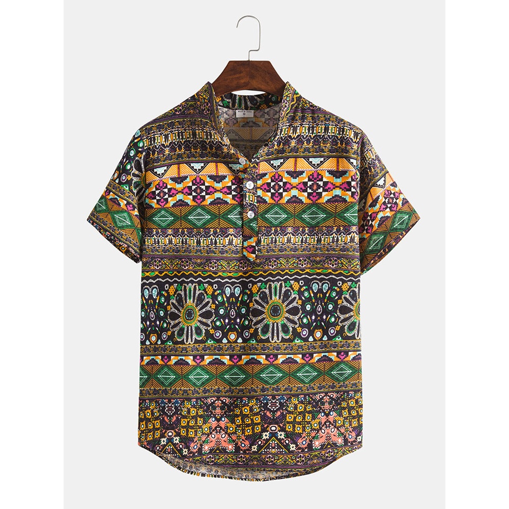 Mens Ethnic Style Stand Collar Short Sleeve Vintage Henley Shirts - Colorful S