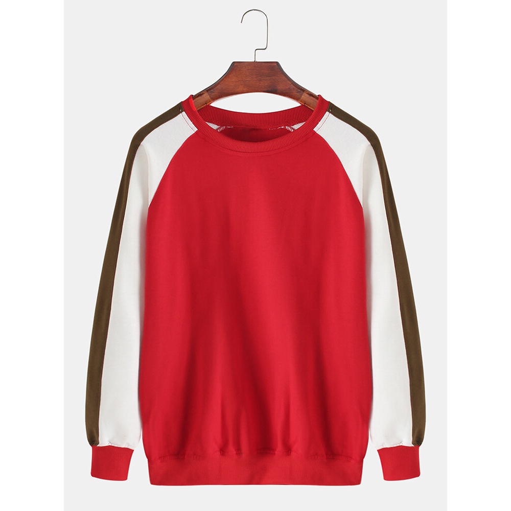 Mens Side Stripe Round Neck Raglan Long Sleeves Pullover Cotton Sweatshirts - Red 2XL