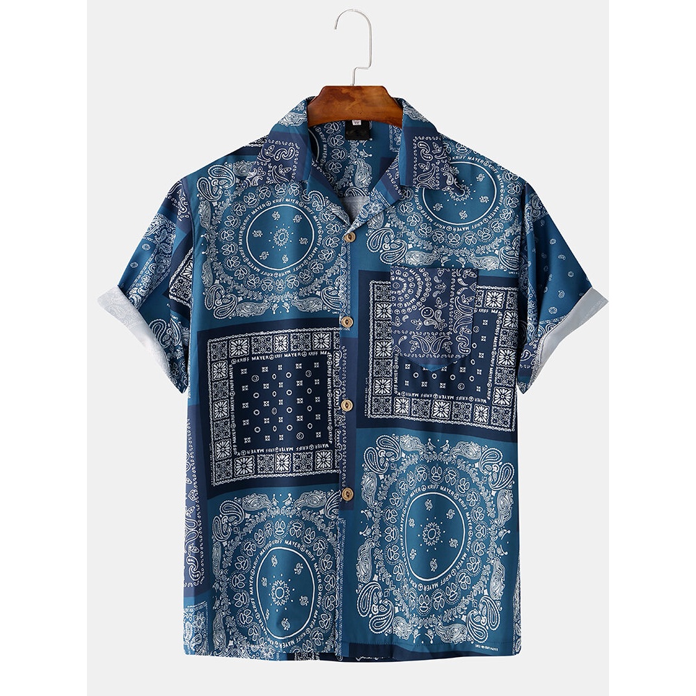 Mens Ethnic Style Printing Short Sleeve Shirts - S Brown