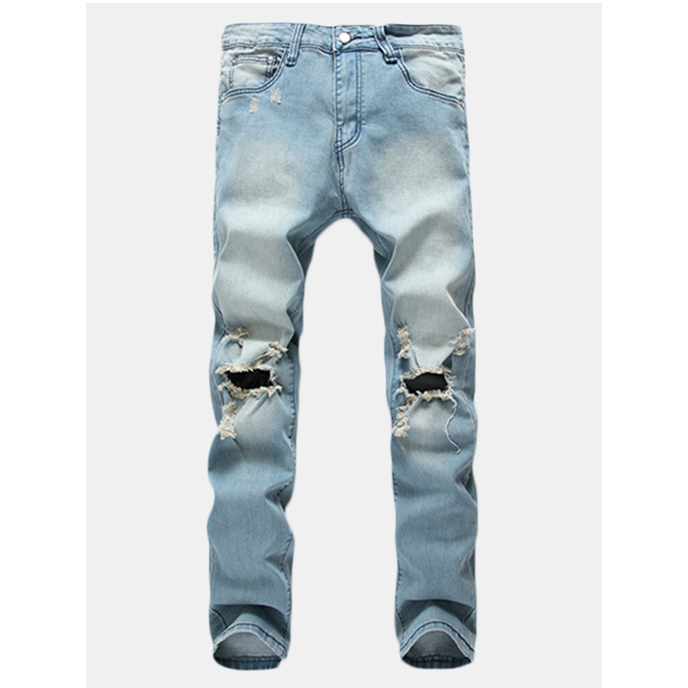 Mens Holes Fashion Casual Straight Legs Jeans Vintage Light Blue Denim Pants - 30