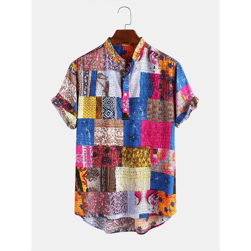 Mens Ethnic Style Multi Patterns Breathable Short Sleeve Casual Shirts - Blue XL