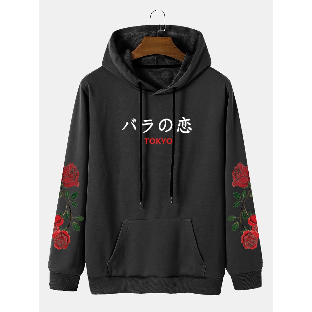 Mens Casual Rose Japanese Letter Drawstring Pocket Hoodies - Black S