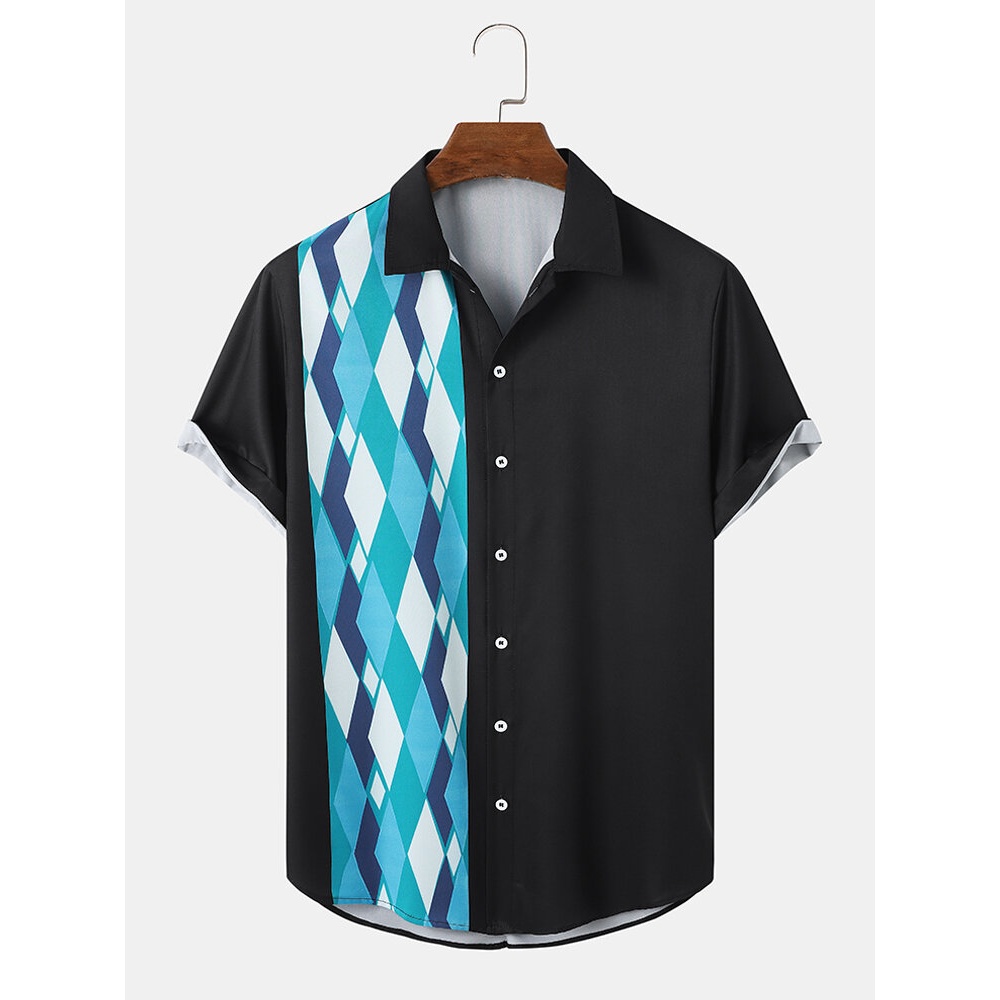 Men Geometric Patchwork Lapel Curved Hem Short Sleeve Casual Shirts - Blue S