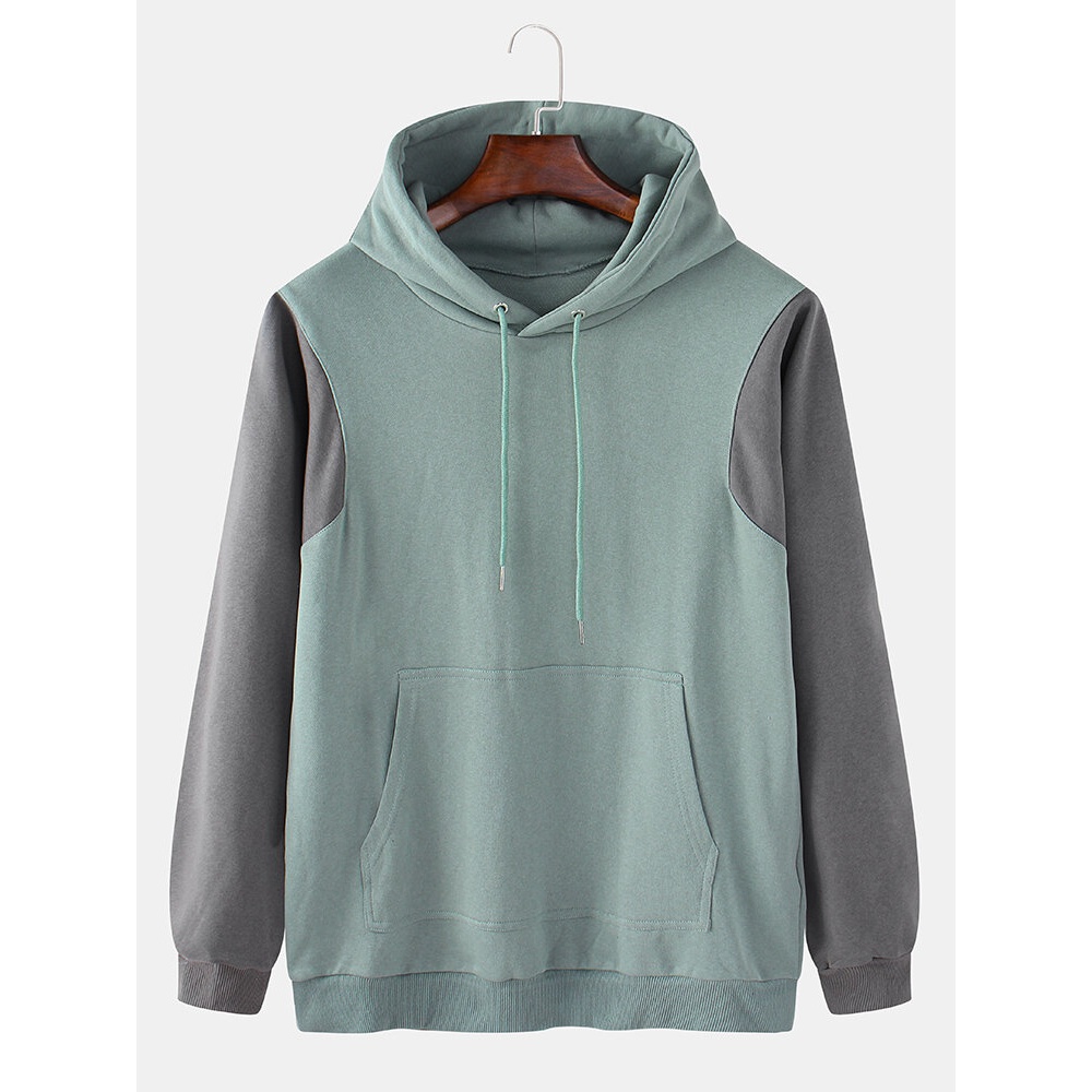 Mens Patchwork Kangaroo Pocket Long Sleeve Simple Drawstring Hoodies - Blue 2XL
