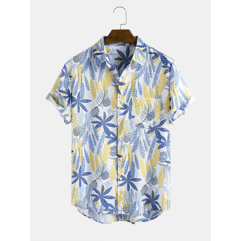 Mens New Fashion Leaf Print Turn Down Collar Short Sleeve Shirts - Blue M