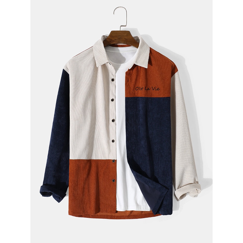 Mens Corduroy Color Block Letter Pattern Casual Shirts - Orange S