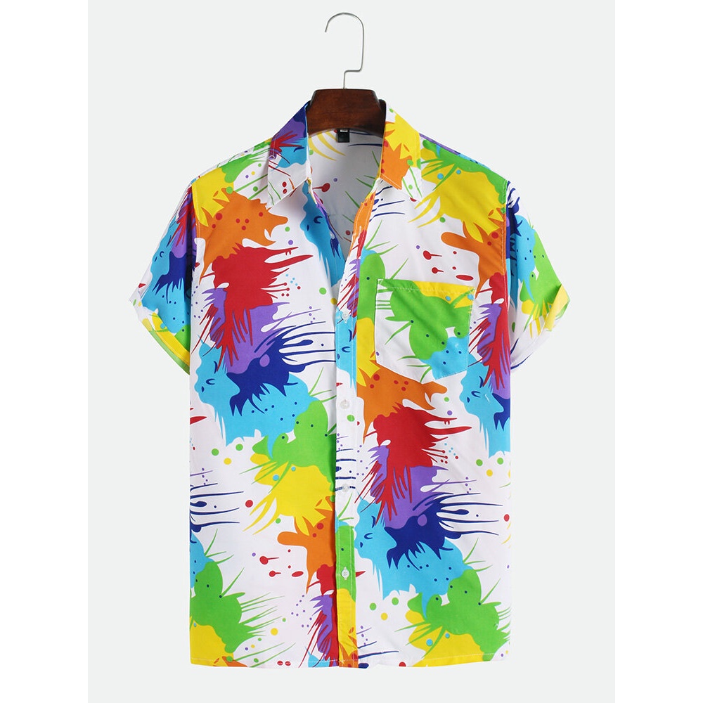 Men Colorful Inkjet Print Short Sleeve Shirts - S White