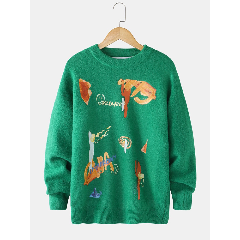 Mens Abstract Print Crew Neck Drop Shoulder Knitting Sweater - Black S