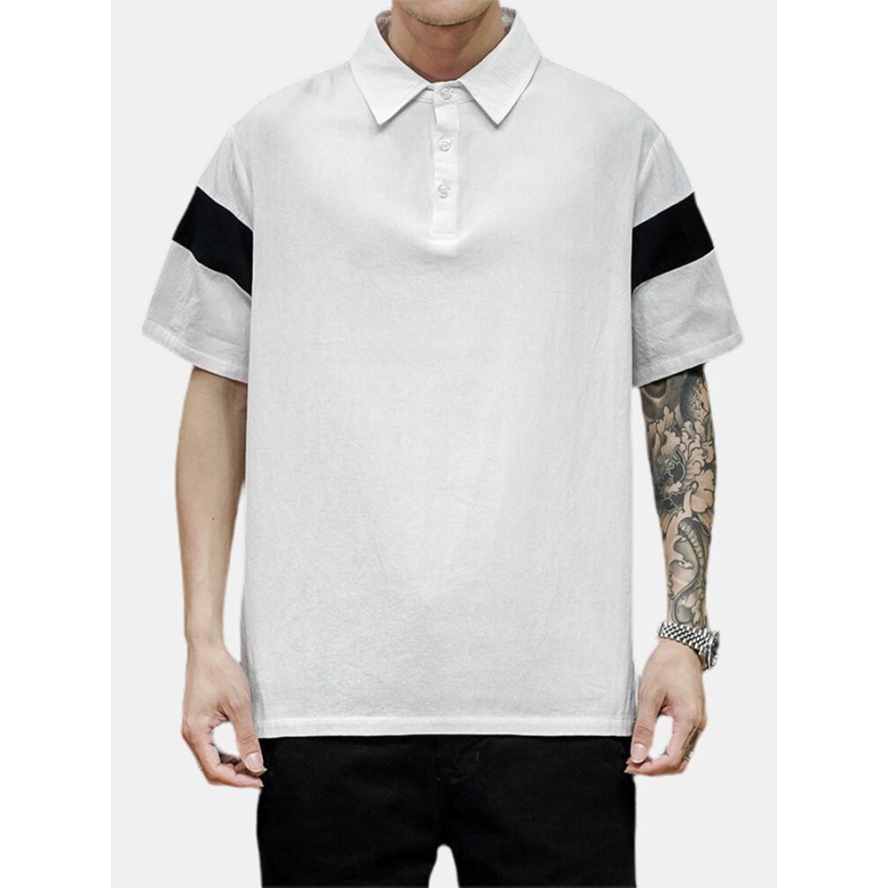 Mens Color Block Cotton Half Open Button Short Sleeve Casual Golf Shirts - Black S