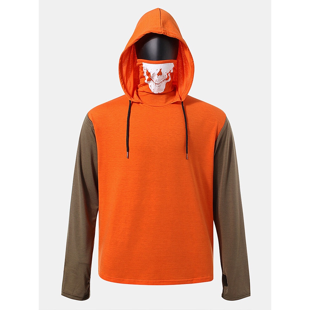 Mens Cotton Patchwork Side Zipper High Neck Cover Face Drawstring Hoodies - Dark Grey XL