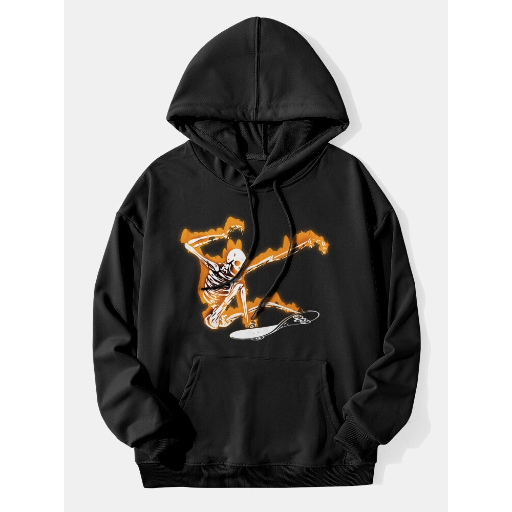 Men  Skeleton Graphic Kangaroo Pocket Street Drawstring Hoodies - Black S