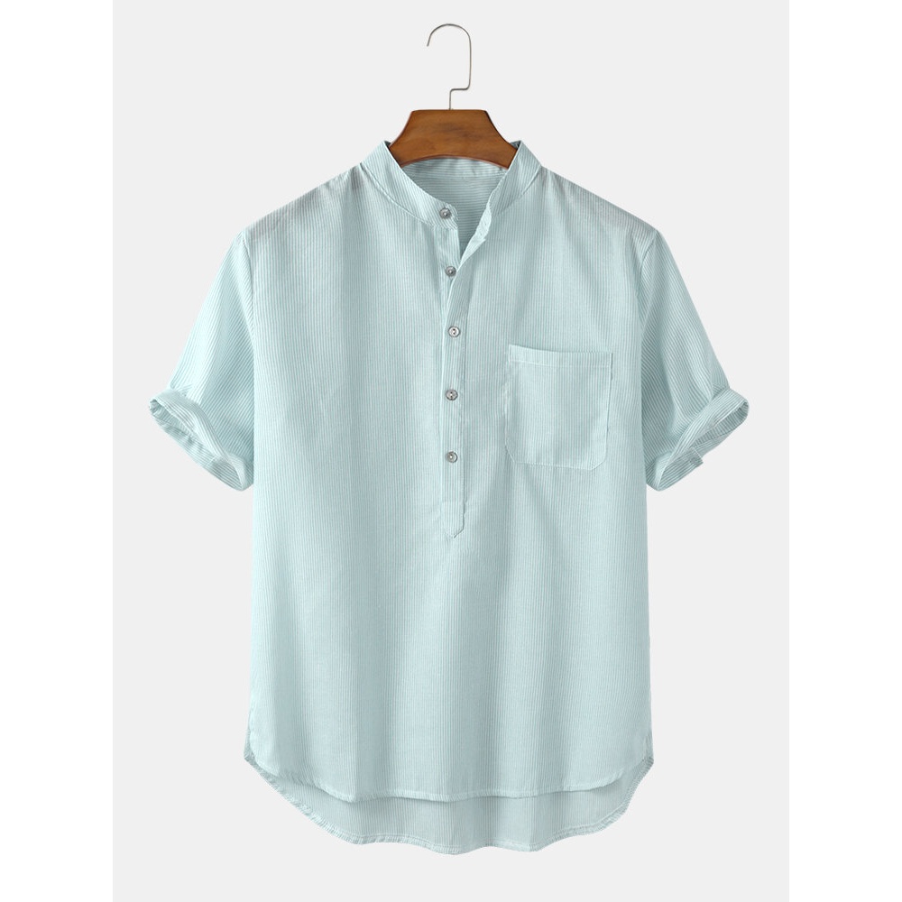 Cotton Vertical Stripes Stand Collar Casual Short Sleeve Mens Henley Shirts - Black S