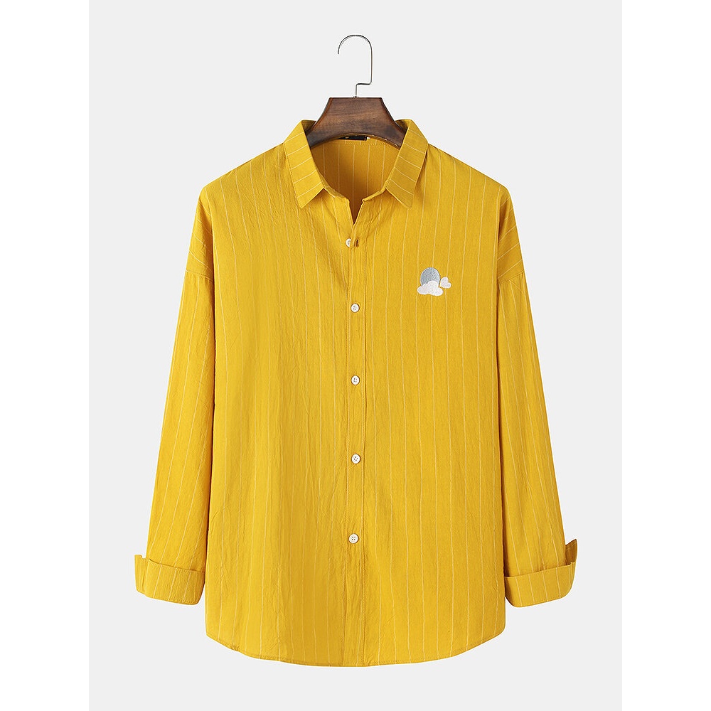 Mens Weather Embroidery Striped Print Button Lapel Casual Long Sleeve Shirt - White M