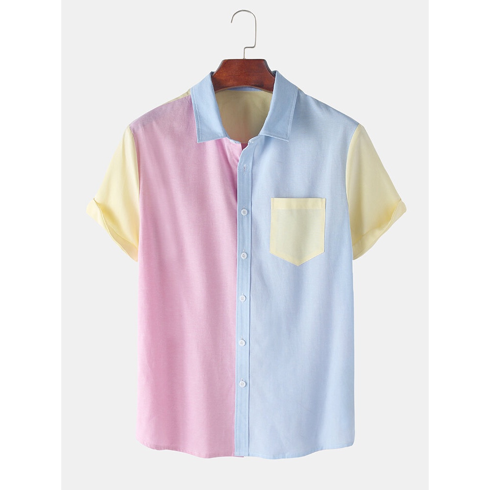 Mens Casual Stitching Contrast Color Short Sleeve Shirts - Pink M