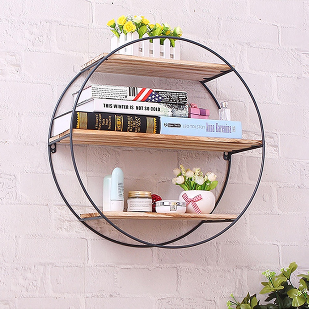 KING DO WAY Round Wall Unit Retro Industrial Style Wood Metal Wall Rack Book Shelf Storage Home Decoration - Image 2