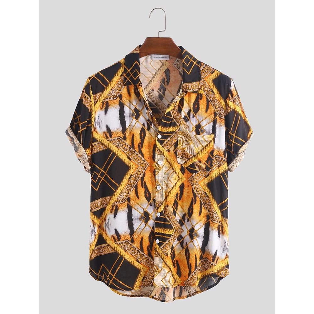 Mens Summer Casual Fashion Pattern Printing Shirts - M Blue