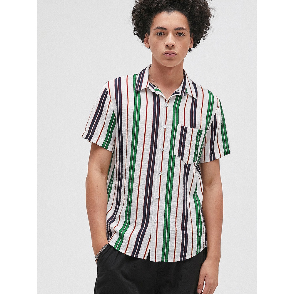 Mens Fashion Colorful Stripe Viscose Breathable Casual Shirts - Green M