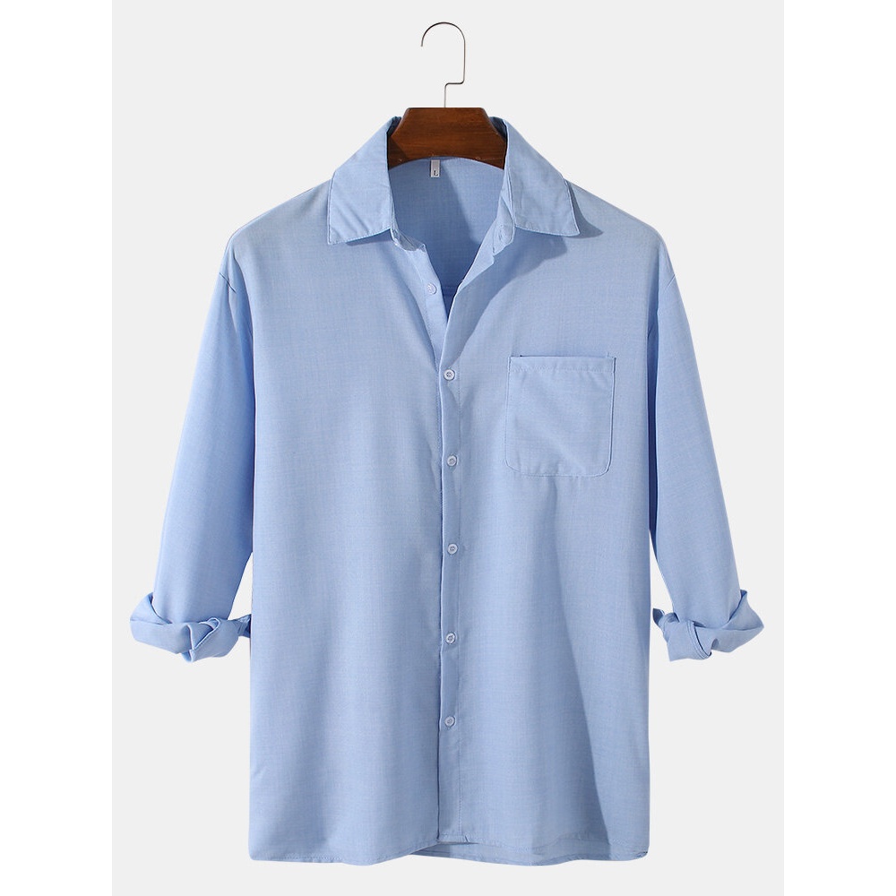 Mens Solid Color Chest Pocket Long Sleeve Simple Shirts - White M