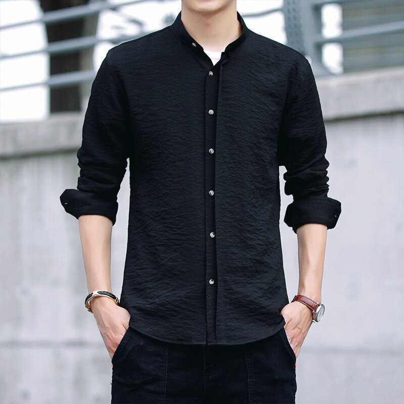 long-sleeved white shirt men's Slim Korean version of the trend shirt men's youth dress solid color inch shirt overalls - M Black