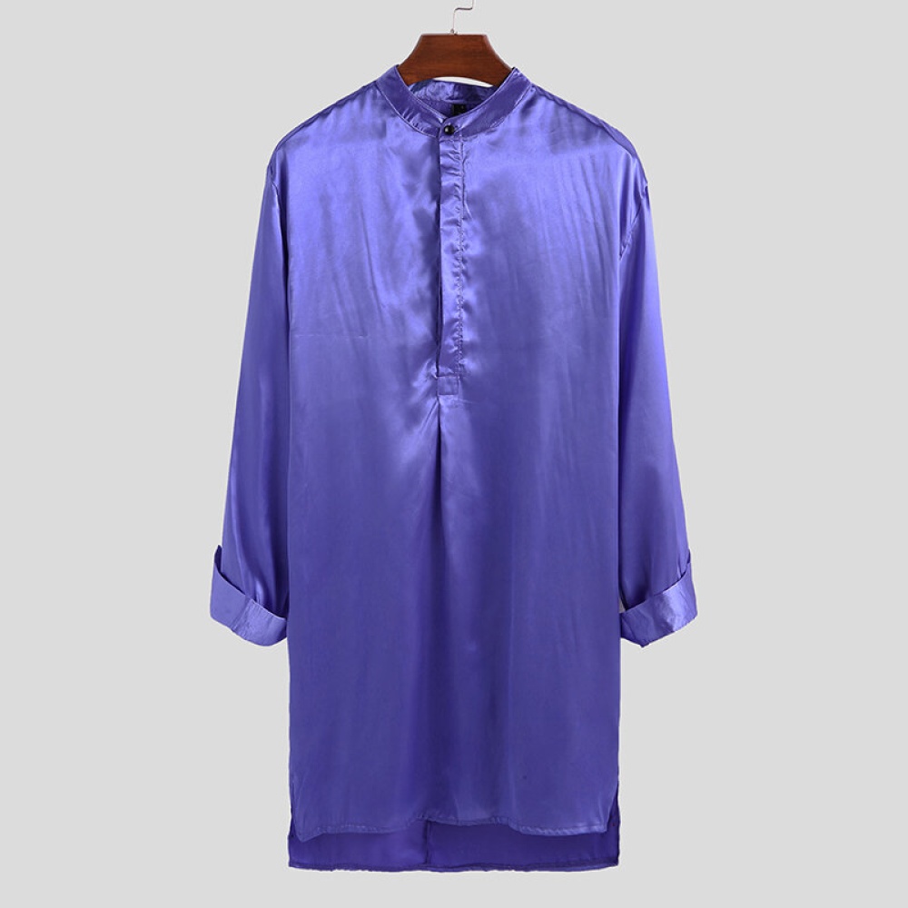 Men Silky Soft Solid Color Long Sleeve Kaftan Long Shirts - S Blue